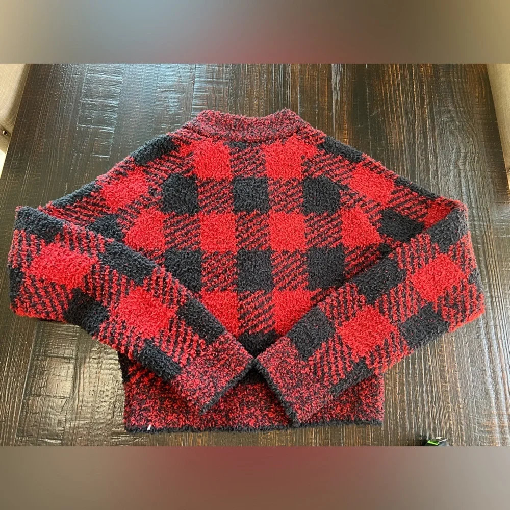 SKIMS Cozy Knit Sweater Red Black Full Zip Brick Buffalo Check Plaid L/XL